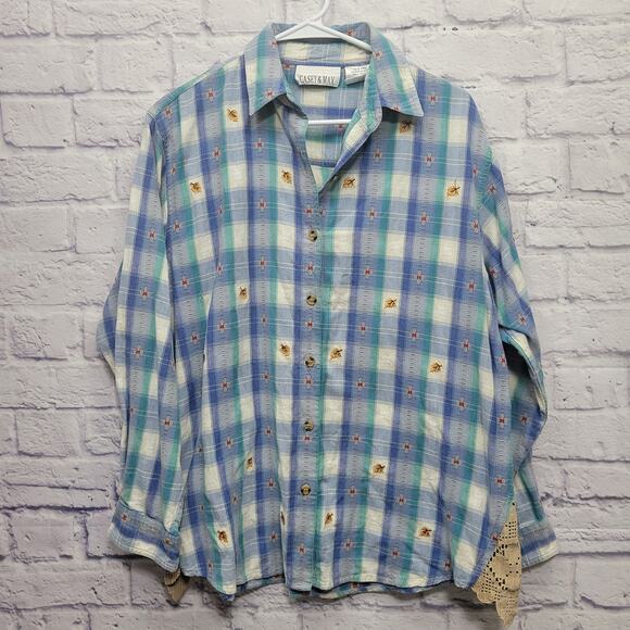 Vintage Casey & Max Embroidered Button Shirt Women's Size L Western Lacy Leaves - Picture 1 of 9